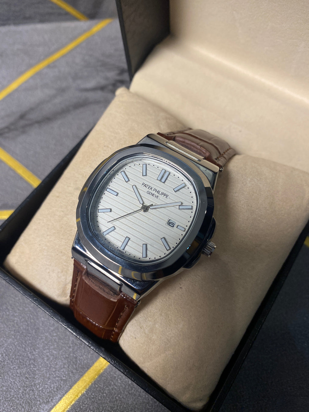 Patek Philippe Strap Watch – Brown with white Dial